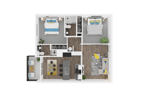 Floor plan for 2 beds, 2 baths, 1275 sqft